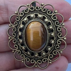 925 Sterling Silver Gold Plated Vintage Tiger Eye Brooch with Stone